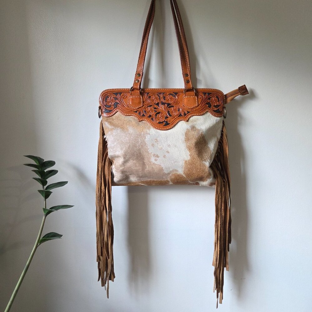 American Darling Brown and Cream Tooled Leather Fringe Shoulder Bag
